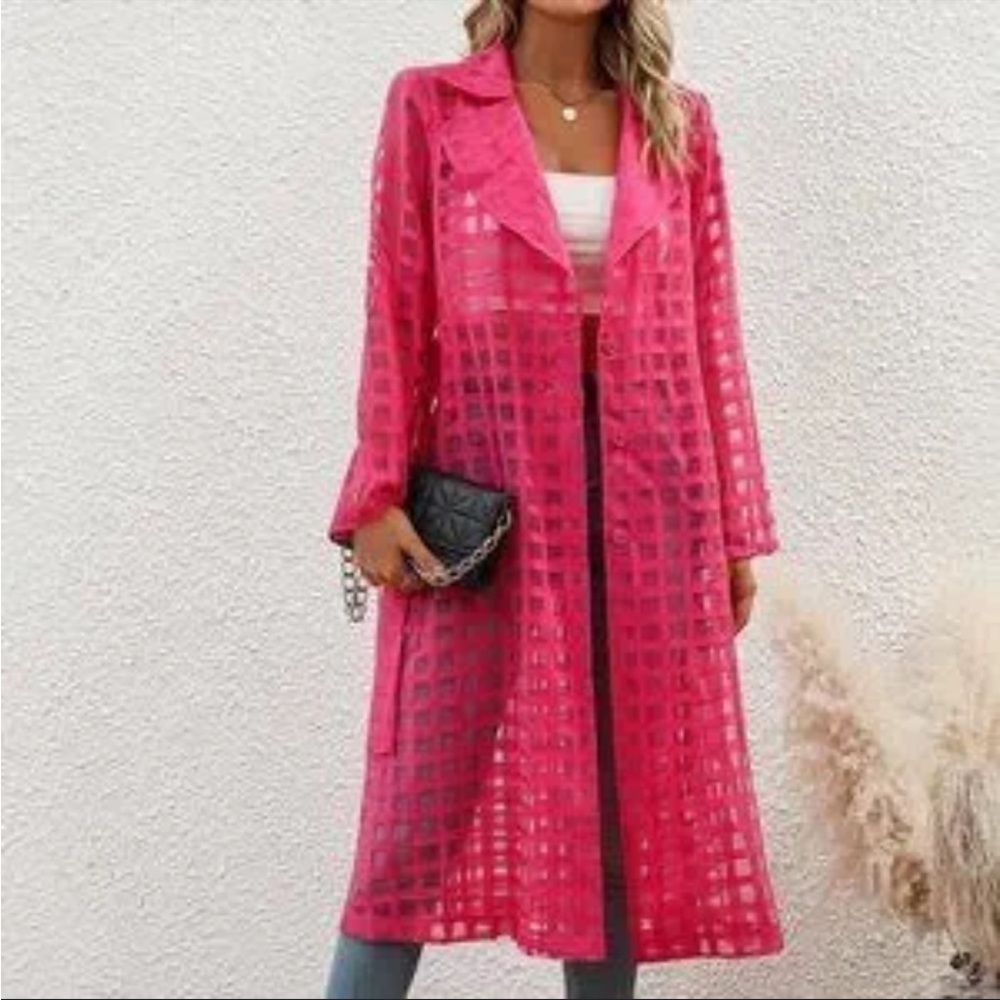 Hot Pink Sheer Lapel Collar Checkered Trench Coat